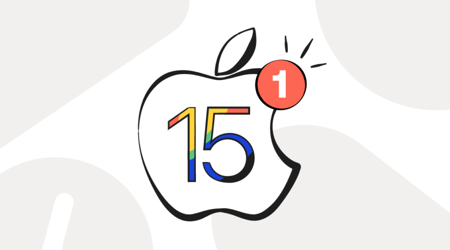 iOS 15 portrayed by the Apple logo with a multicolored 15 inside it