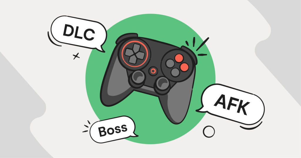 Gaming slang shown by a controller with word bubbles popping out