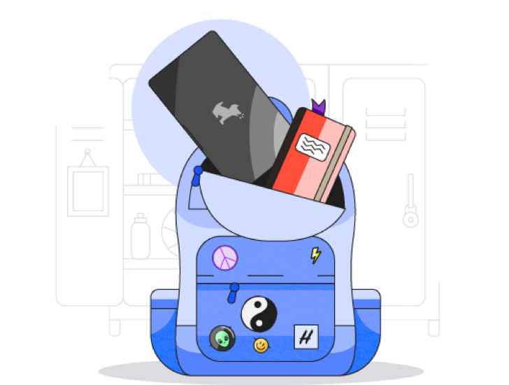 backpack with laptop and pins