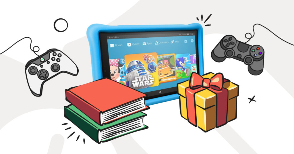 Gifts for teens header image with books, a tablet, and video game controllers