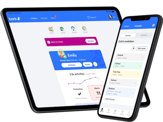 The Bark parental controls app on both a tablet and iPhone, showing the screen time scheduling feature and the main parental monitoring homepage on the app.