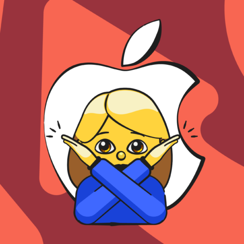 Emoji of woman with arms crossed over Apple logo — How to block a website on iPhone