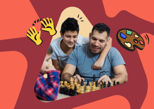 Family activities illustration of dad and kid playing chess