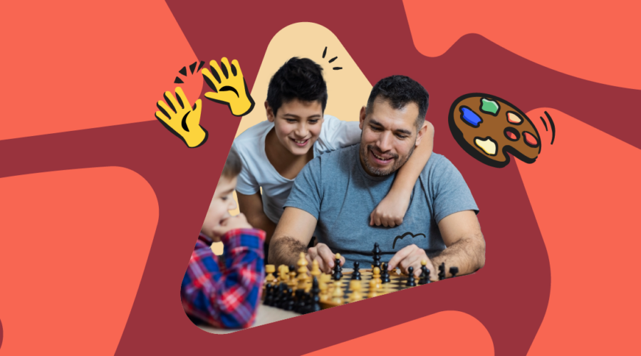 Family activities illustration of dad and kid playing chess