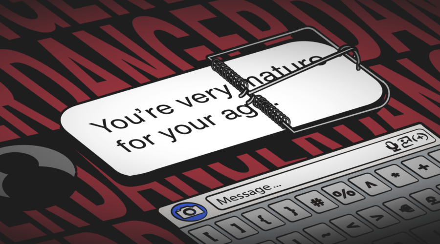 A human trafficking illustration showing a predation tactic