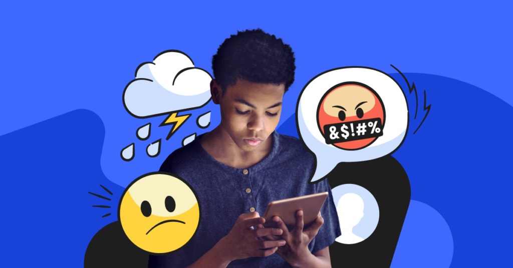 Racism on social media image — child on phone with emojis