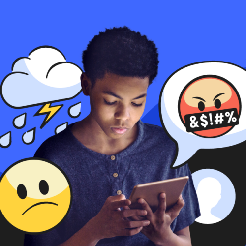 Racism on social media image — child on phone with emojis