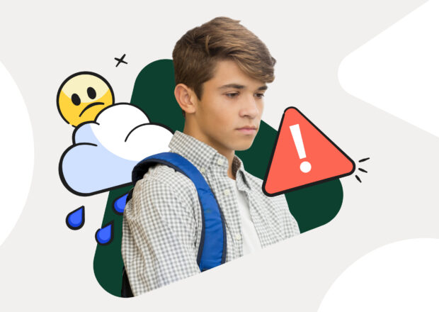 Types of depression in kids header image with boy and emojis