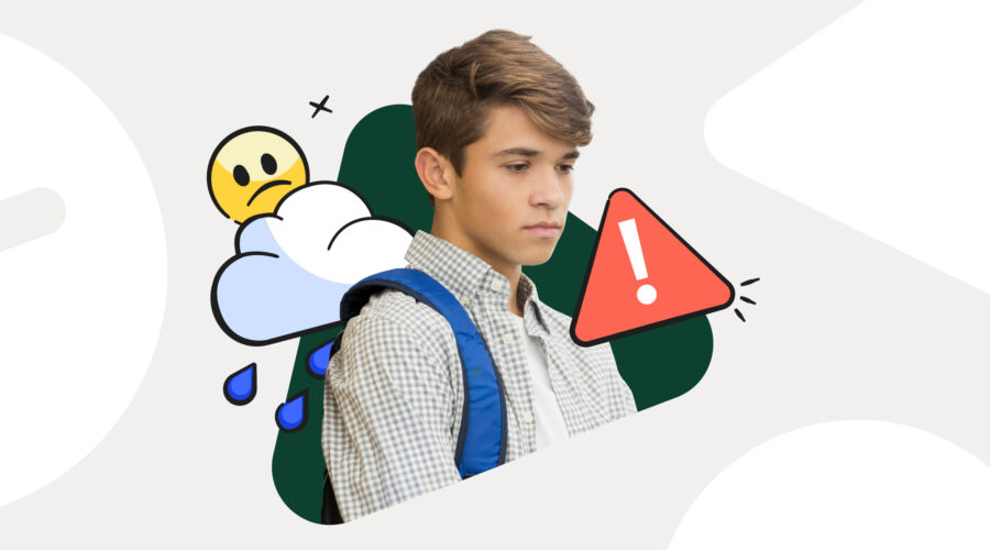 Types of depression in kids header image with boy and emojis
