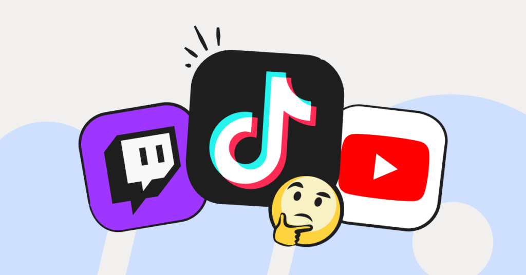 video sharing app icons: Twitch, TikTok, and YouTube