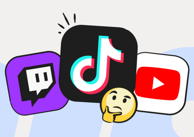 video sharing app icons: Twitch, TikTok, and YouTube