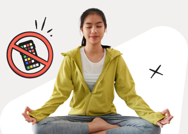 girl doing yoga, smart phone in cancel symbol