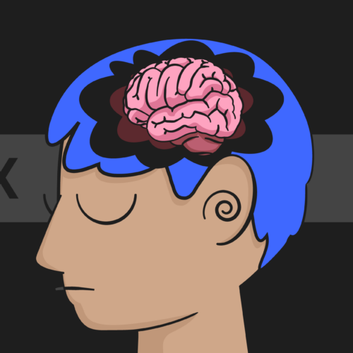 cartoon kid with illustrated brain, looking sad