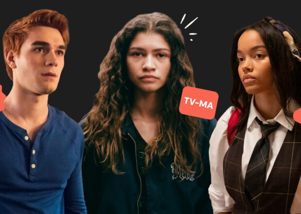 Characters from Euphoria and Riverdale with TV-14 stickers around them