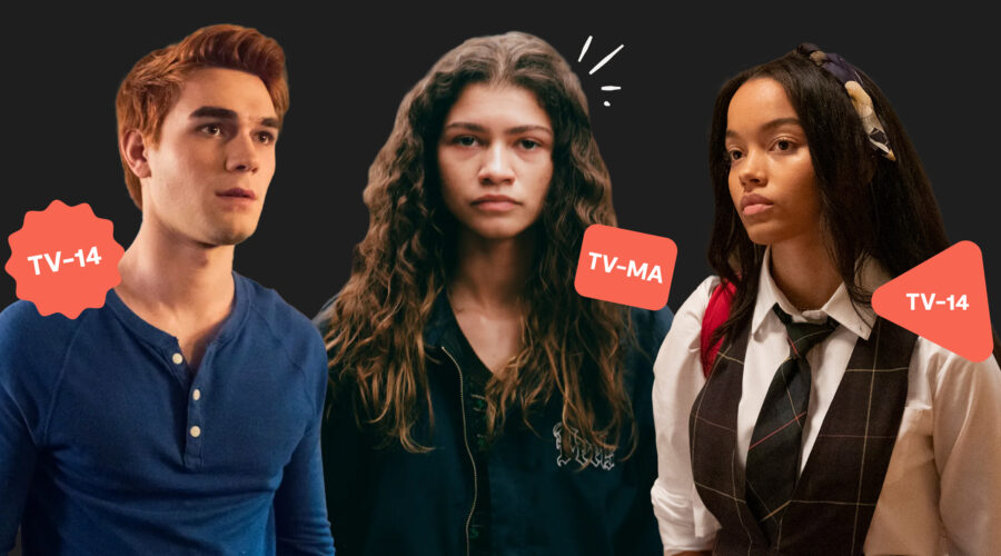 Characters from Euphoria and Riverdale with TV-14 stickers around them