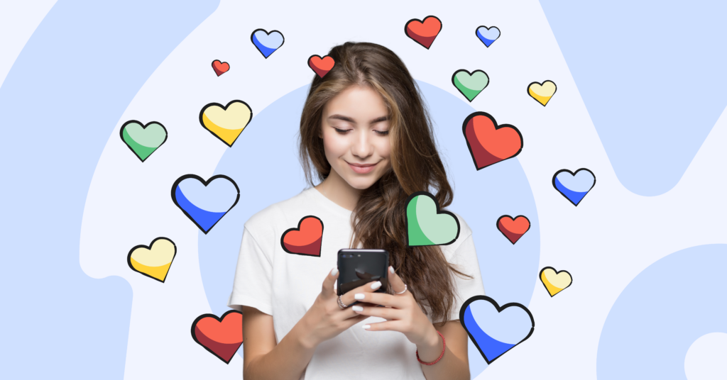 teen girl on her phone, cartoon hearts around her