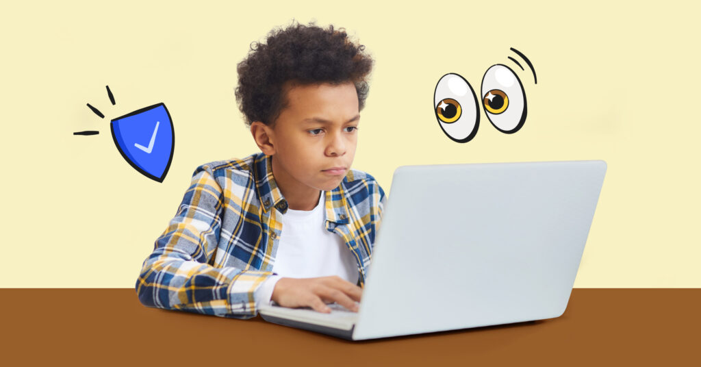 kid on his computer, emoji eyes and safety sticker around him