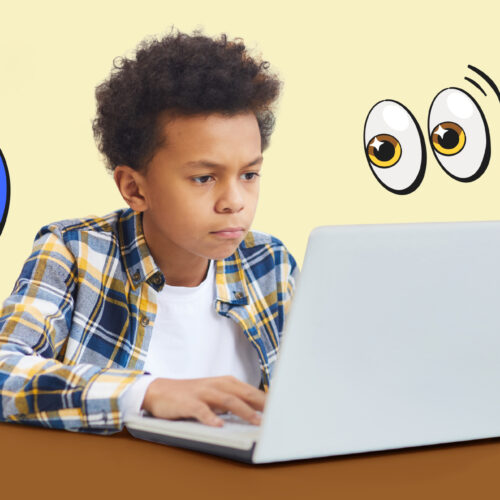kid on his computer, emoji eyes and safety sticker around him