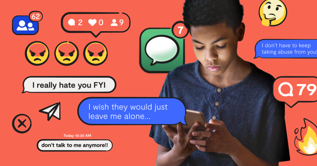 kid on his phone, cartoon messages depicting cyberbullying