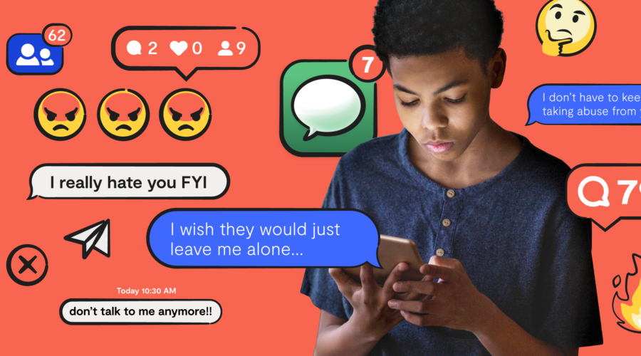 kid on his phone, cartoon messages depicting cyberbullying