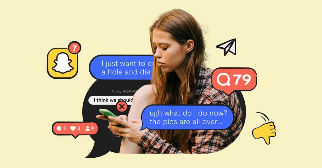 girl on her phone, illustrated text bubbles around her