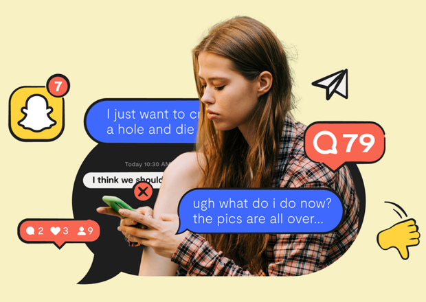 girl on her phone, illustrated text bubbles around her
