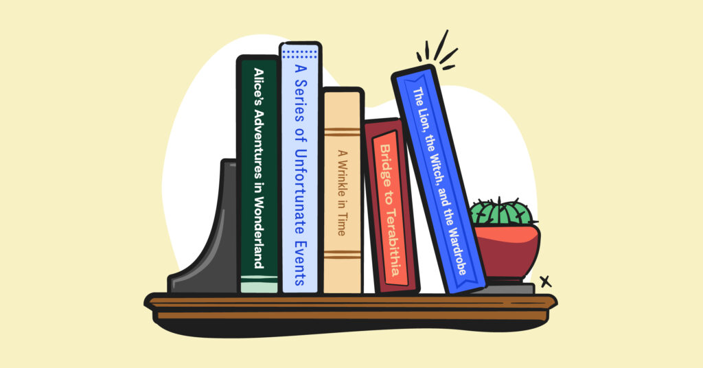 illustrated bookshelf with multiple multicolored books on it, along with a house plant