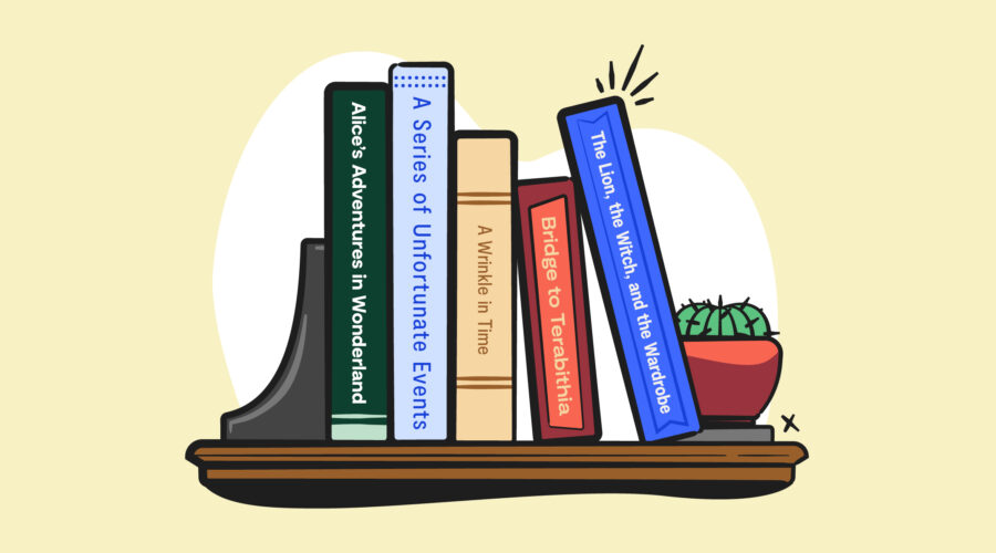 illustrated bookshelf with multiple multicolored books on it, along with a house plant