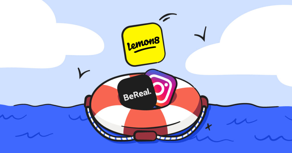 illustrated life preserver with social media app icons sitting in it