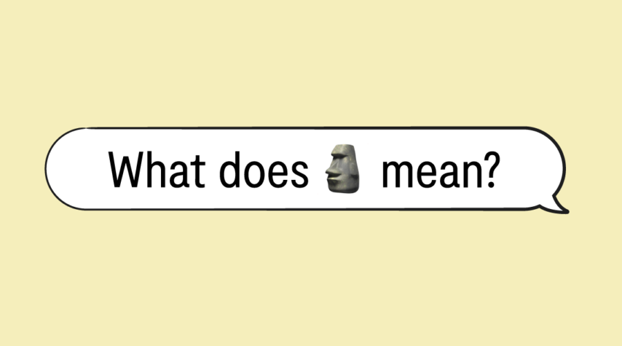 "what does🗿 mean" in speech bubble and yellow background