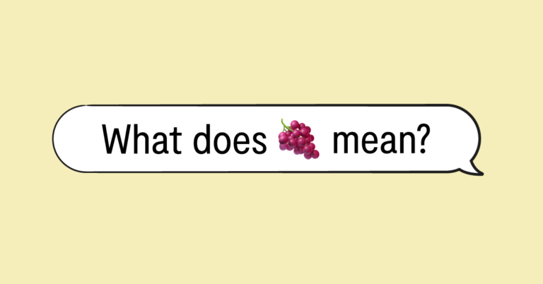 "what does 🍇 mean?" in a speech bubble and yellow background