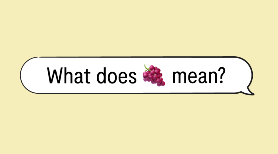 "what does 🍇 mean?" in a speech bubble and yellow background