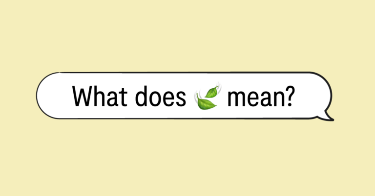 "what does 🍃 mean" in speech bubble and yellow background