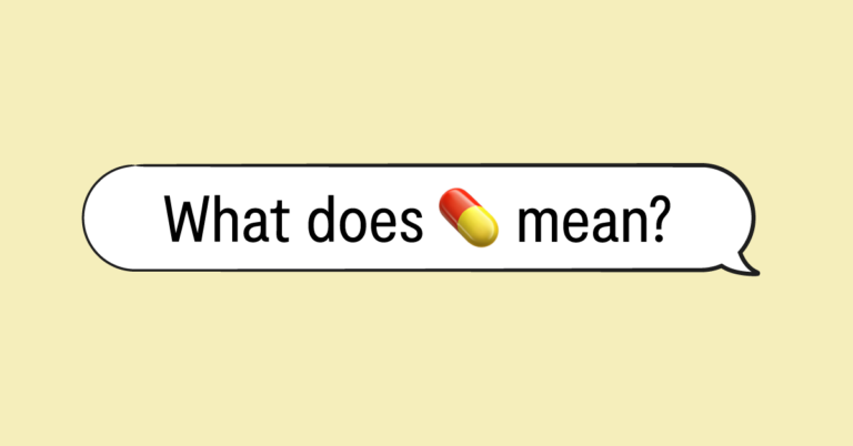"what does 💊 mean" in speech bubble and yellow background