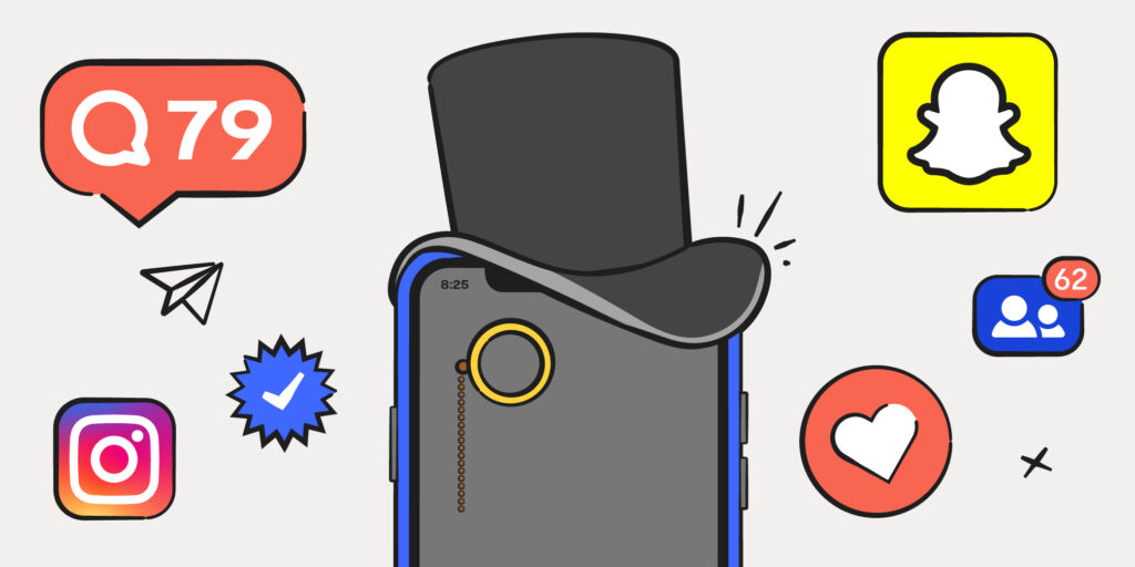 smartphone with a top hat, illustrated emojis around it