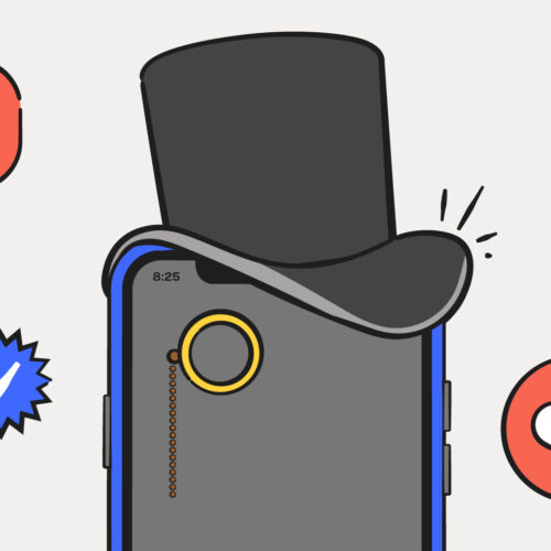 smartphone with a top hat, illustrated emojis around it