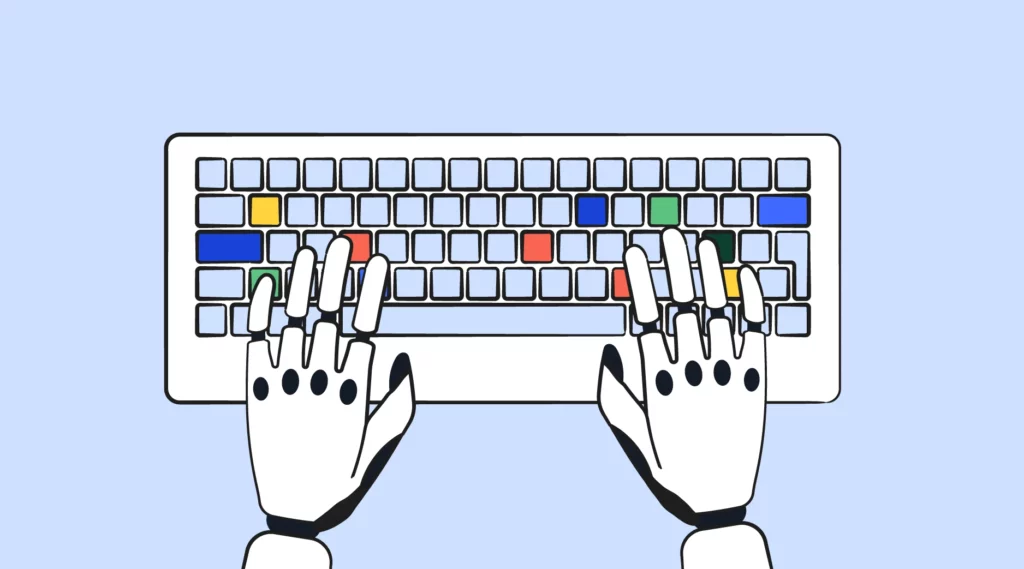 illustrated robot hands typing on a keyboard 