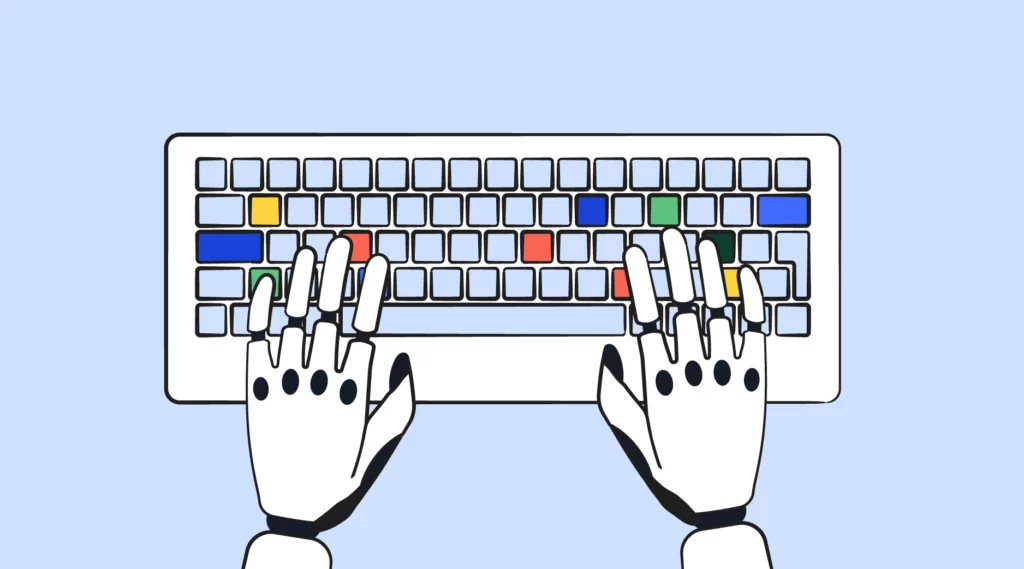 illustrated robot hands typing on a keyboard