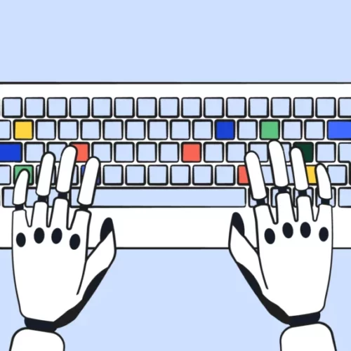 illustrated robot hands typing on a keyboard