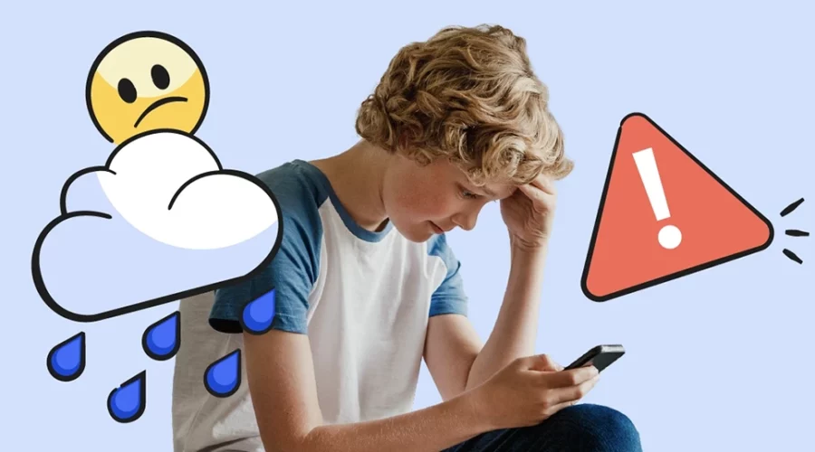 teenage boy on his phone; illustrated emojis of sad face, rain cloud, and warning sign