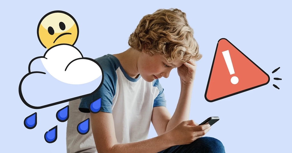 teenage boy on his phone; illustrated emojis of sad face, rain cloud, and warning sign