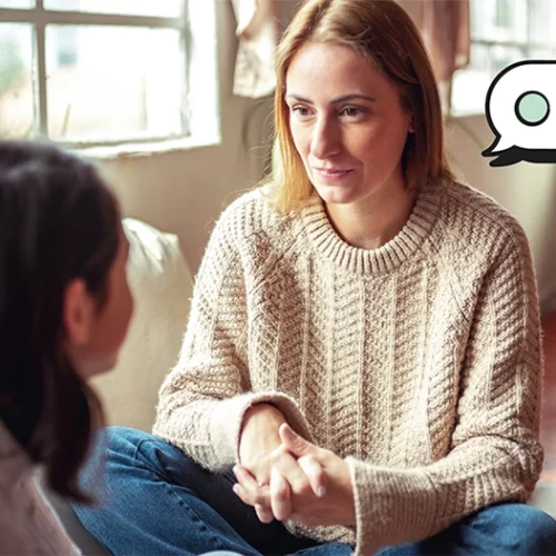 mother talking to her daughter, illustrated text bubble next to mom