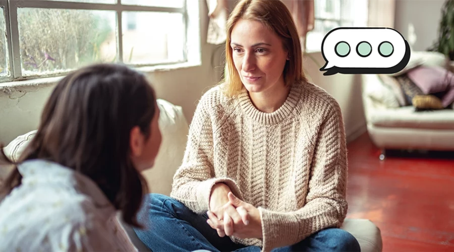 mother talking to her daughter, illustrated text bubble next to mom