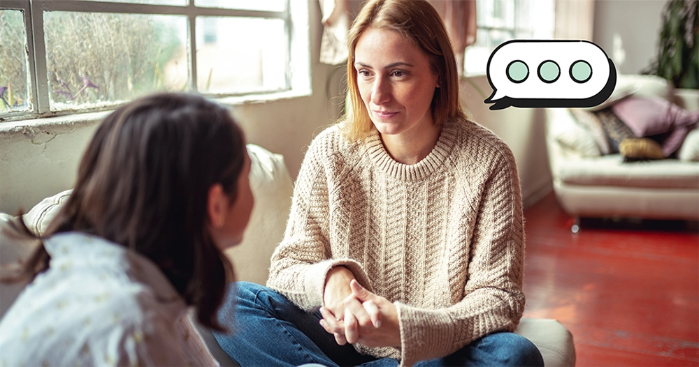 mother talking to her daughter, illustrated text bubble next to mom