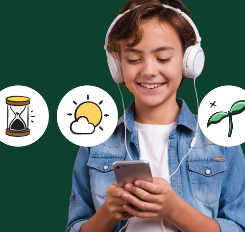 kid on a phone with headphones on; illustrated app icons
