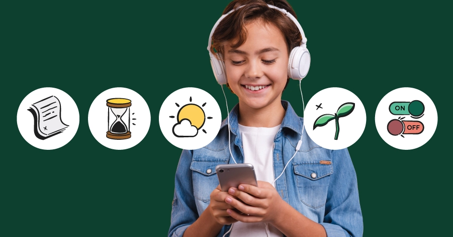 kid on a phone with headphones on; illustrated app icons