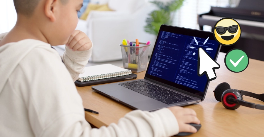 kid on computer with illustrated emojis next to him