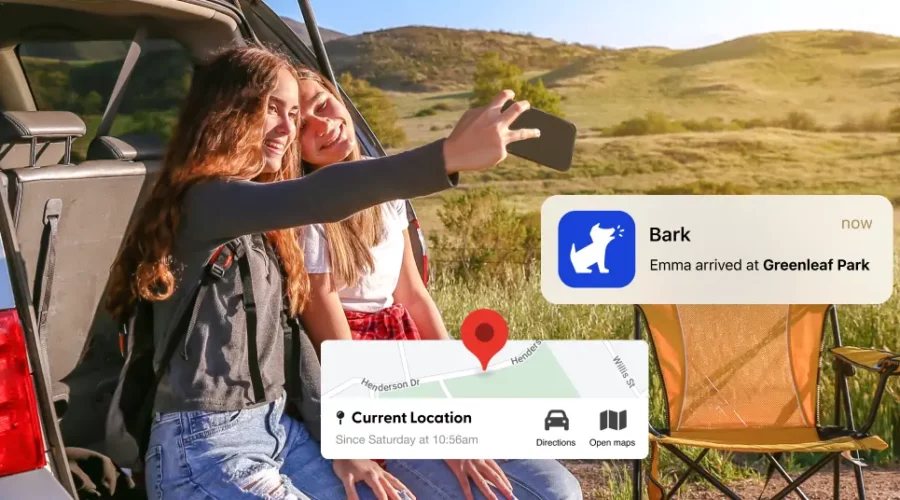 two teen girls camping, taking selfie, snippet of bark location alert