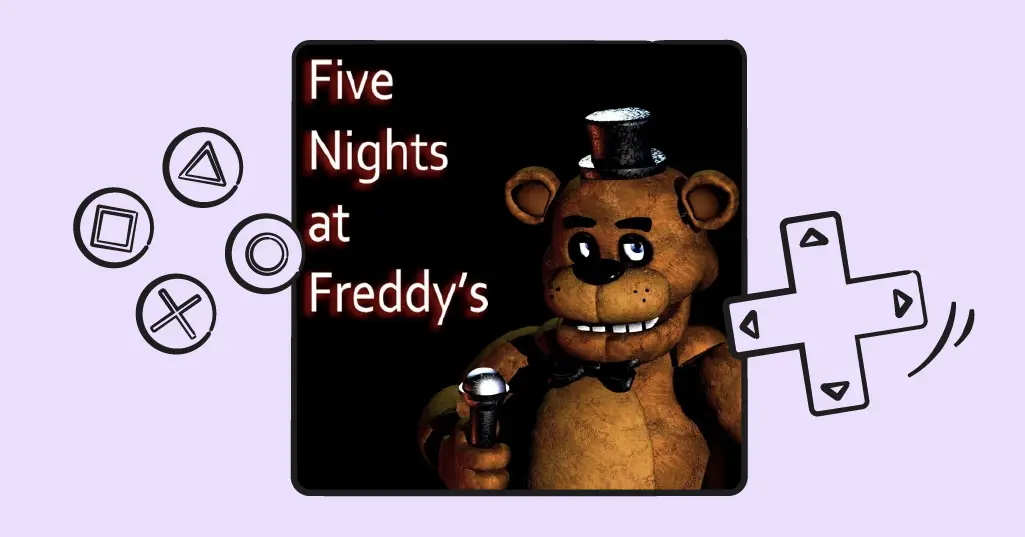 five nights at freddys title screen with video game illustrations around it