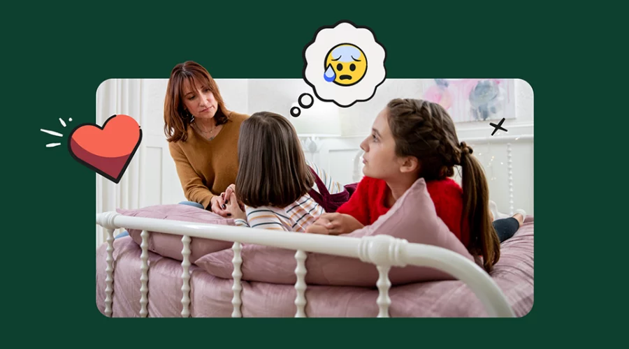 a mom with two teenagers, illustrated emojis